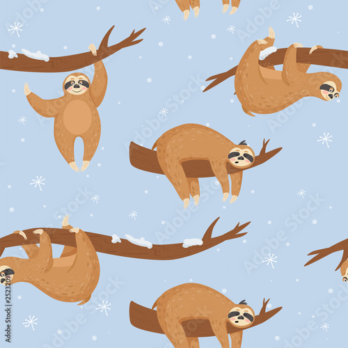 Seamless Christmas pattern with cute lazy sloths. Vector illustration for textile, postcard, wrapping paper, poster, background, cover, t-shirt.