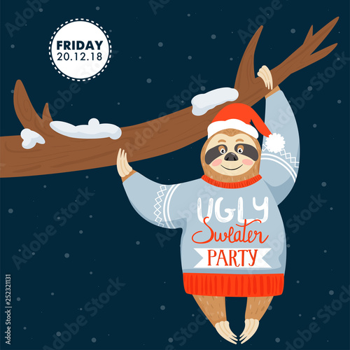 Christmas and Happy New Year invitation illustration on ugly sweater party. Card with cute sloth in ugly sweater with inscription. Vector illustration.
