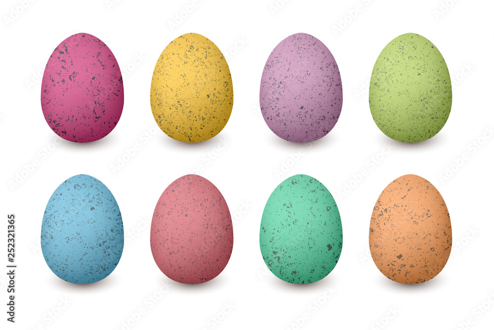 Happy Easter colored eggs. Shabby structure Set of red, green, blue, pink, purple, yellow, brown Happy Easter colored eggs. Shabby structure Set of red, green, blue, pink, purple, yellow, brown