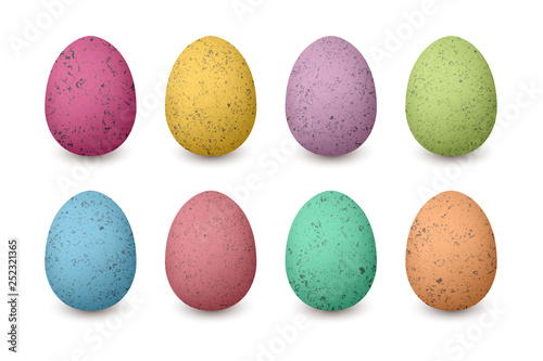 Happy Easter colored eggs. Shabby structure Set of red, green, blue, pink, purple, yellow, brown