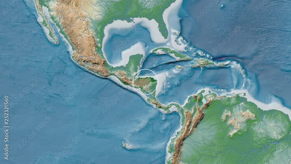 Honduras area presented against the global physical map in the Patterson Cylindrical projection with animated oblique transformation Honduras area presented against the global physical map in the Patterson Cylindrical projection with animated oblique transformation