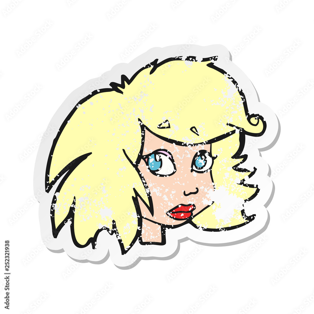 retro distressed sticker of a cartoon female face retro distressed sticker of a cartoon female face