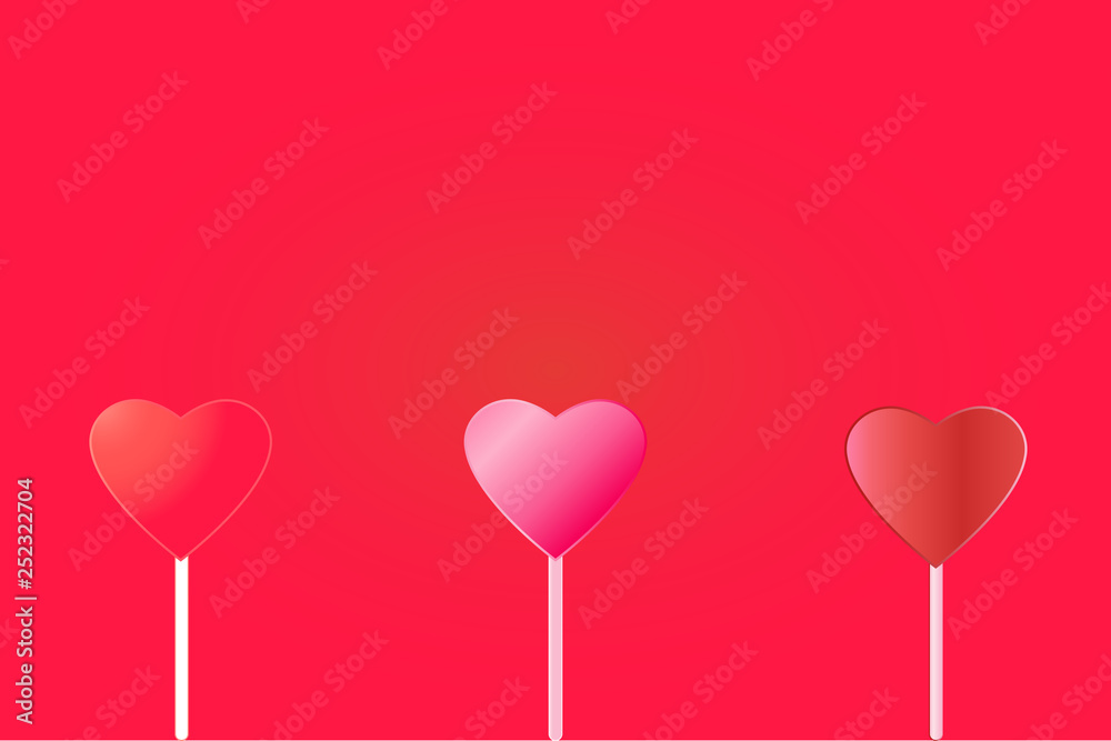 Vector illustration of three hearts on a red background. Valentine's Day