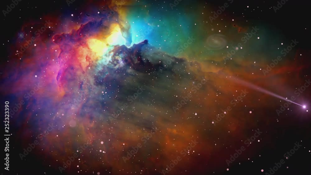 An abstract vision of traveling through space with a nebulae in the distance. Stars and a comet zoom past the camera. Imagery from NASA.  	