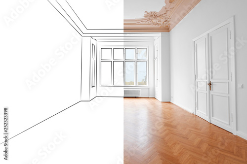  apartment room photo merged with draft sketch / drawing - photo