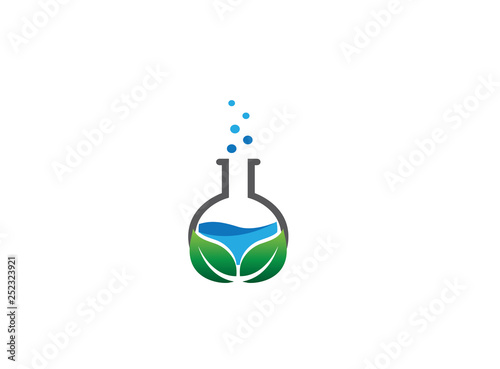 Beaker Lab round flask with a chemical substance inside and leaves make Bubbles for logo design