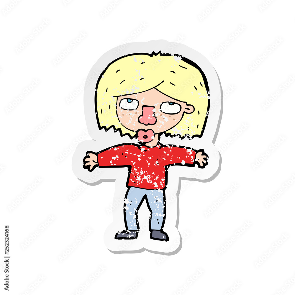 retro distressed sticker of a cartoon girl looking upwards retro distressed sticker of a cartoon girl looking upwards