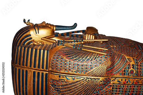 An egyptian mummy sarcophagus made of gold with carved details Fototapet