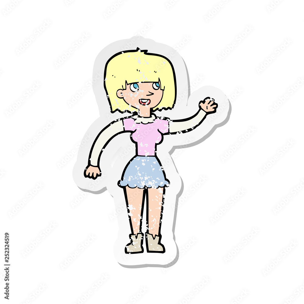 retro distressed sticker of a cartoon girl waving retro distressed sticker of a cartoon girl waving