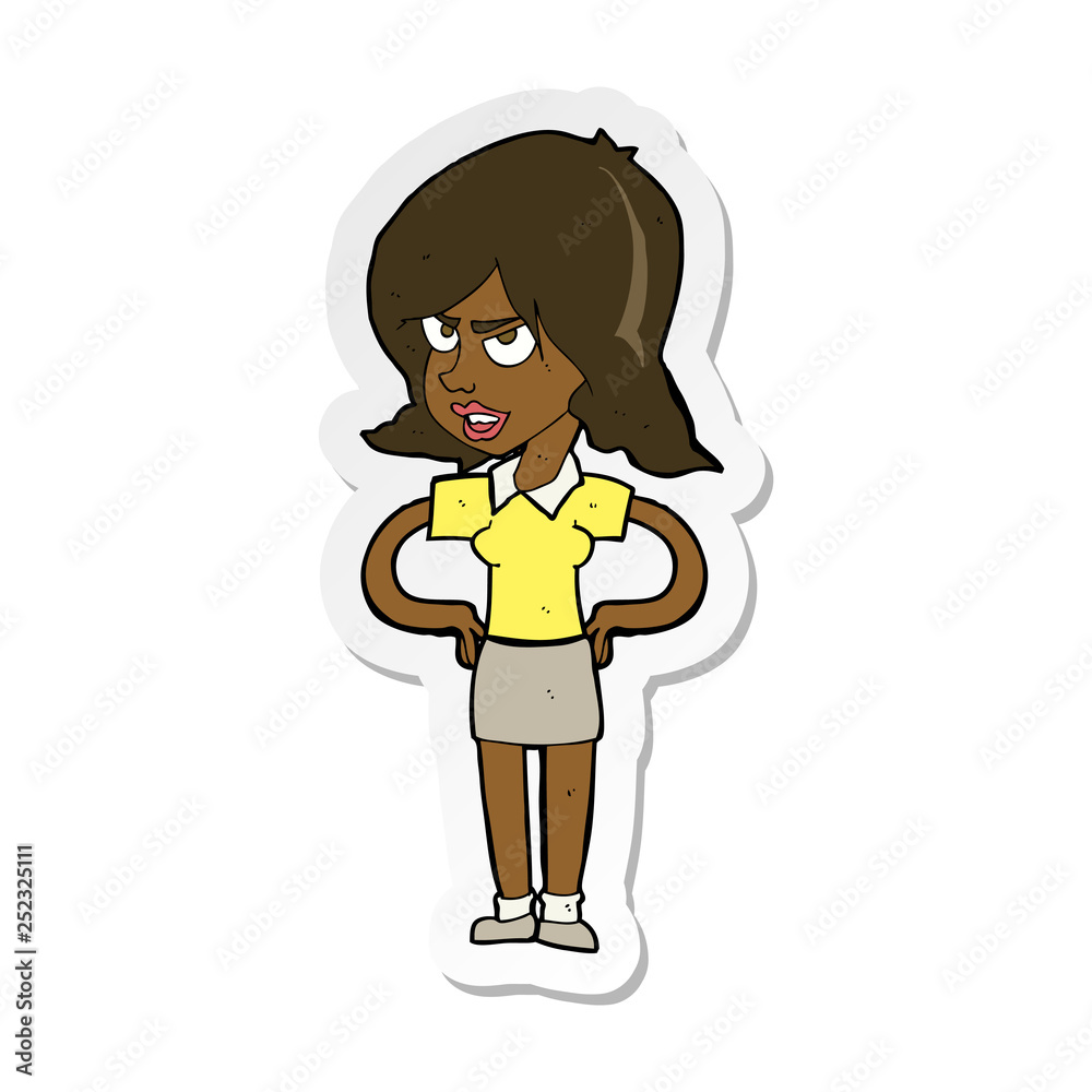 sticker of a cartoon annoyed woman with hands on hips sticker of a cartoon annoyed woman with hands on hips