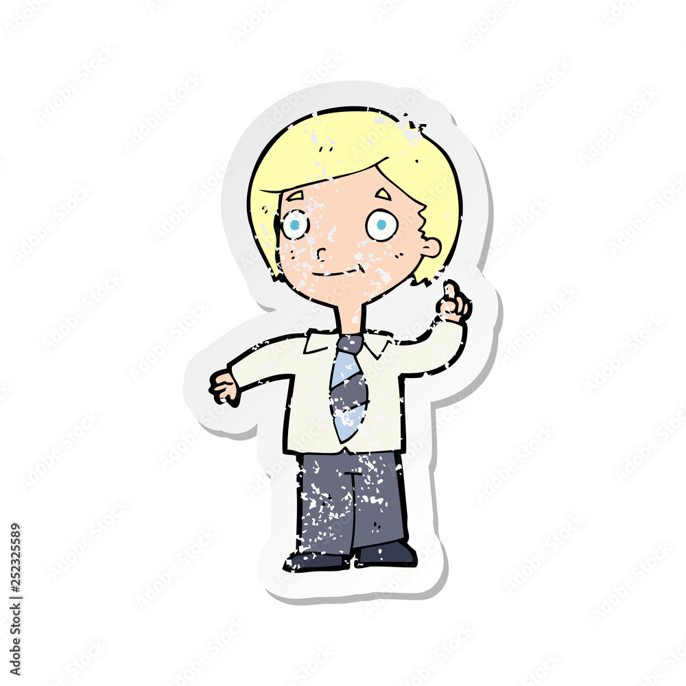 retro distressed sticker of a cartoon school boy answering question retro distressed sticker of a cartoon school boy answering question