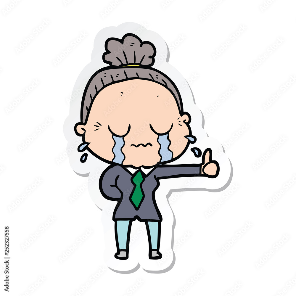 sticker of a cartoon old woman crying