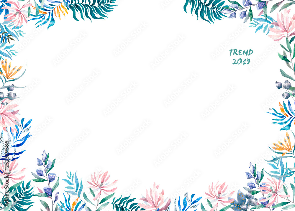 Obraz premium Watercolor exotic frame with tropical leaves, flowers and toucan for wedding, invite, birthday card. Isolated illustrarion summer colors, design vertical frame on white background