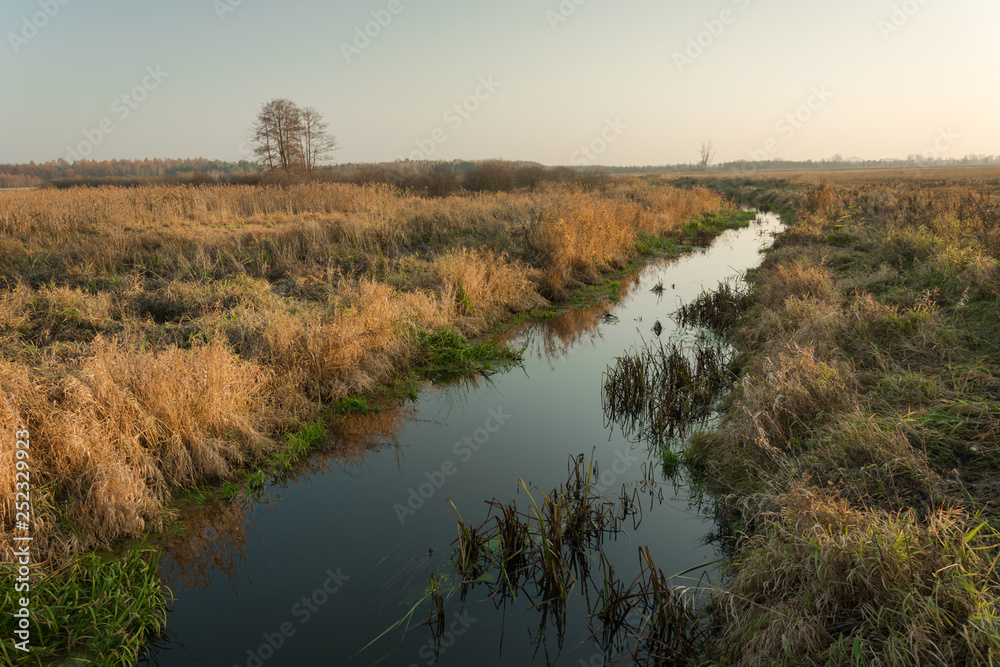 Small calm river with shores with dry grass Small calm river with shores with dry grass
