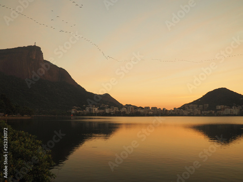 Sunrise view over Lagoa Rodrigo de Freitas and Cristo Redentor, Rio de Janeiro, Brazil photo