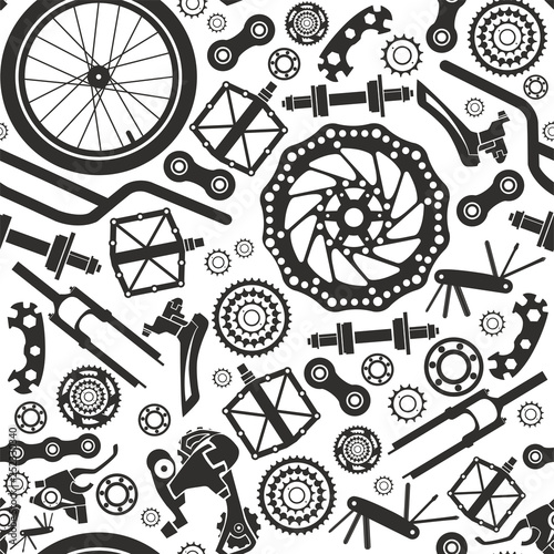 Bicycles. Seamless pattern of bicycle parts. Isolated vector image.
