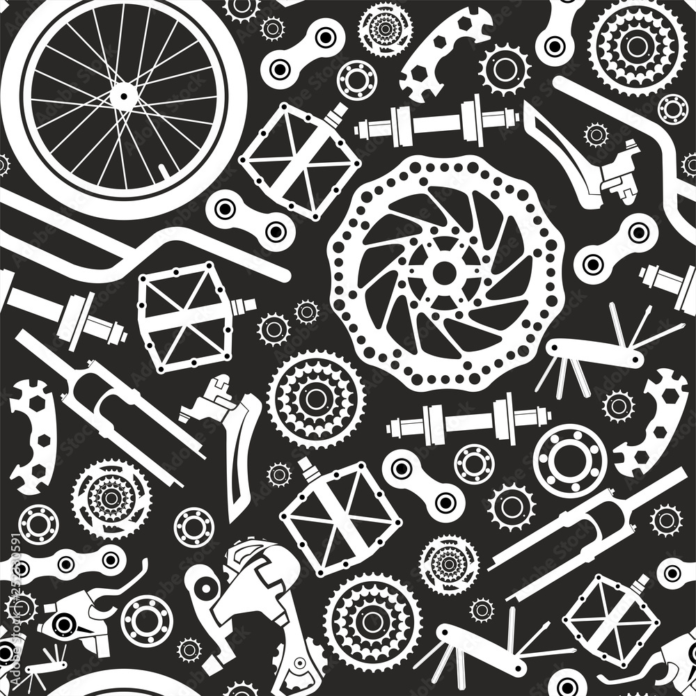Bicycles. Seamless pattern of bicycle parts. Isolated vector image.