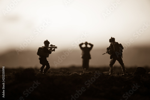 War Concept. Military silhouettes fighting scene on war fog sky background, World War Soldiers Silhouettes Below Cloudy Skyline At night. Attack scene. Armored vehicles. Tanks battle. Decoration