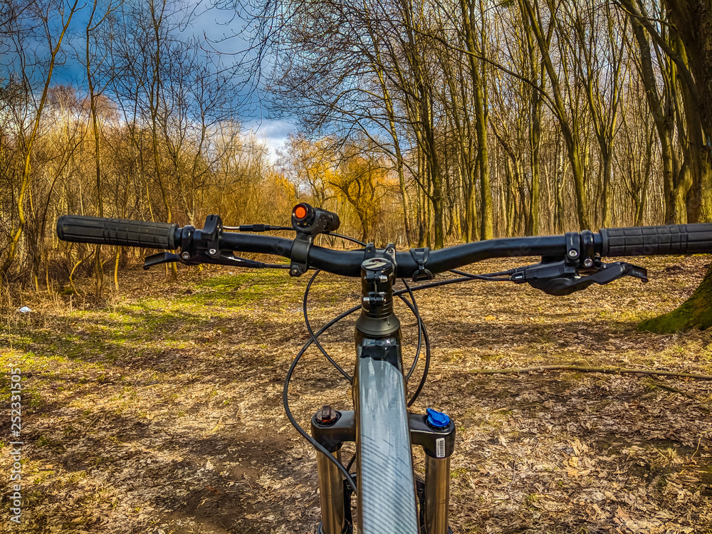 MTB bicycle on the trail in the spring season MTB bicycle on the trail in the spring season
