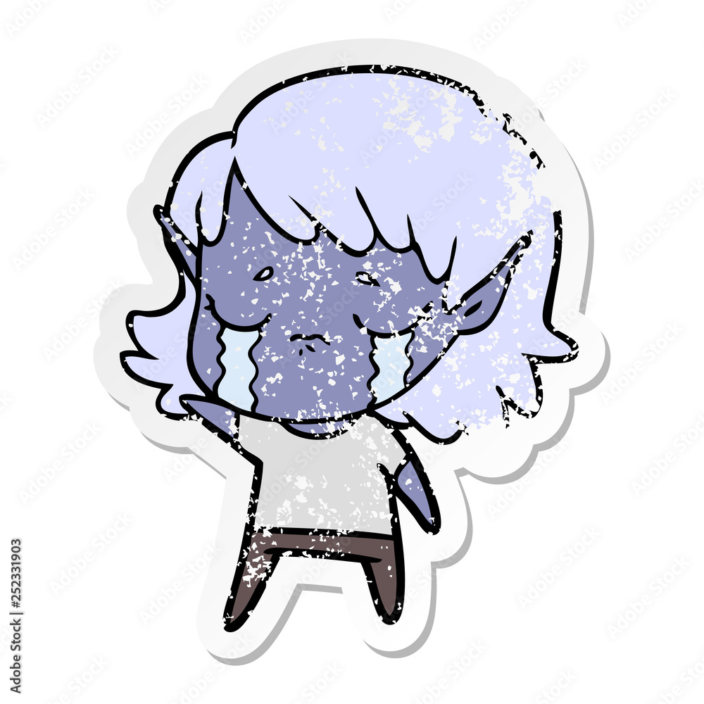 distressed sticker of a cartoon crying elf girl distressed sticker of a cartoon crying elf girl