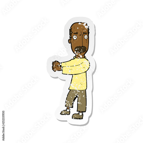 retro distressed sticker of a cartoon balding man explaining