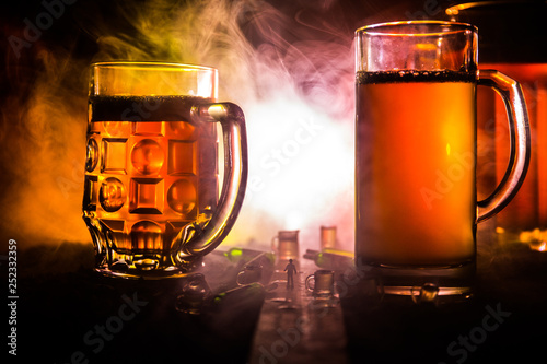 Selection of alcoholic drinks on rustic wood background. Creative artwork decoration