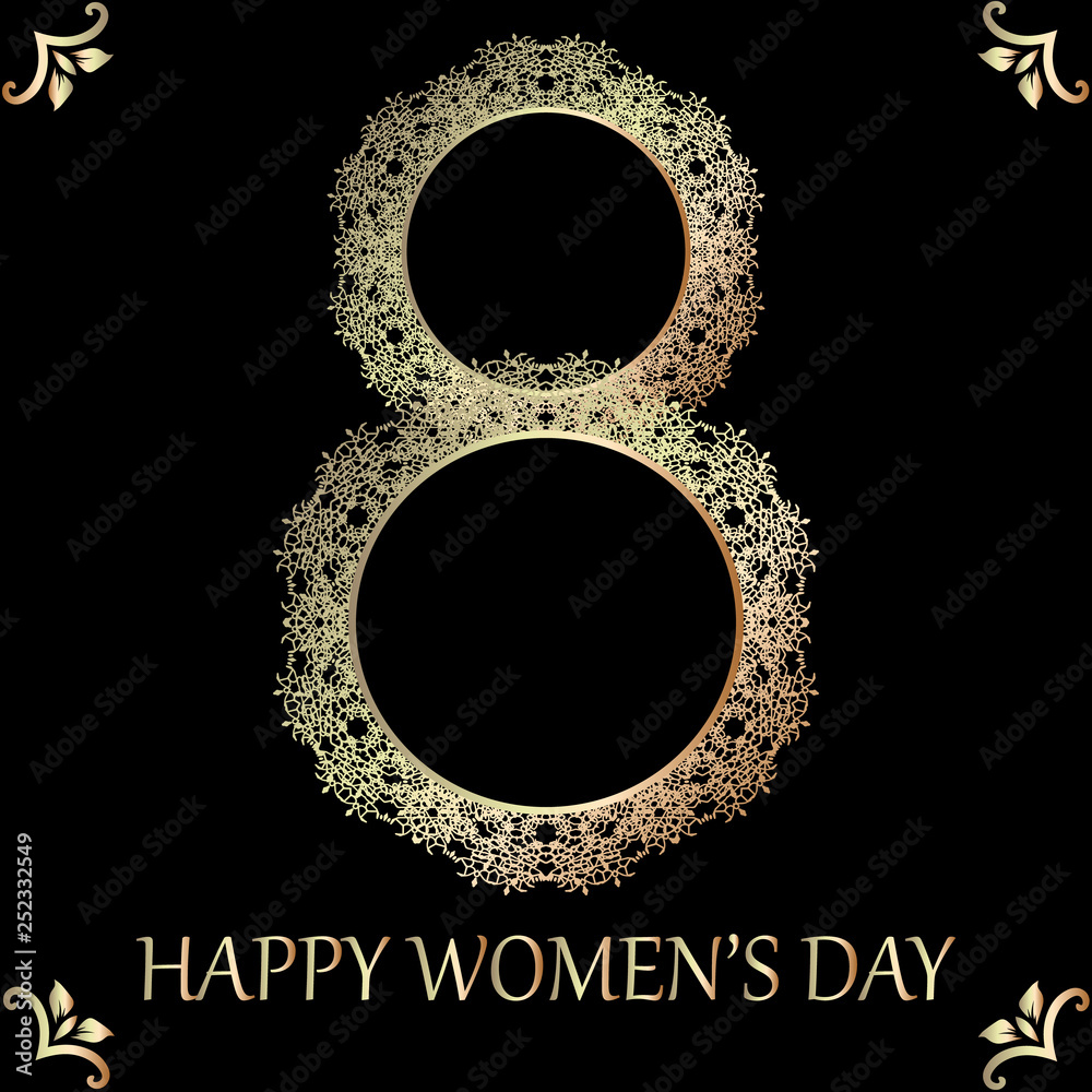 8 March International Women's Day greeting card template. Vector illustration. Gold on black background. 8 March International Women's Day greeting card template. Vector illustration. Gold on black background.