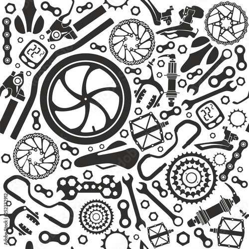 Bicycles. Seamless pattern of bicycle parts. Isolated vector image.
