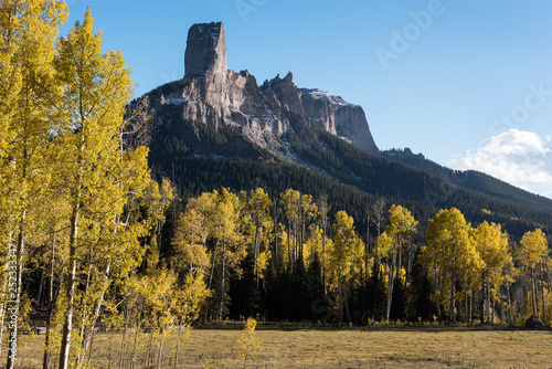 View of Chimney Rock and Courthouse Mountain from Owl Creek Pass road, located in Uncompahgre National Forest in Southwestern Colorado.