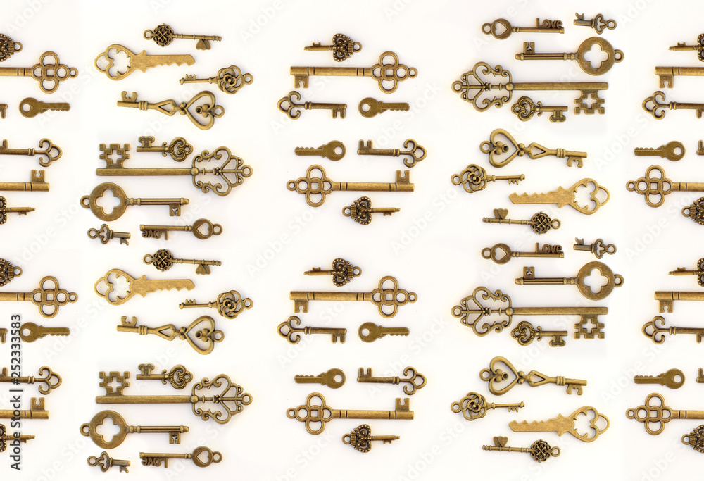 Decorative keys of different sizes, stylized antique on a white background. Pattern, the entire frame area