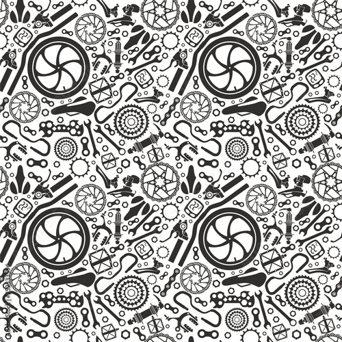 Bicycles. Seamless pattern of bicycle parts. Isolated vector image.