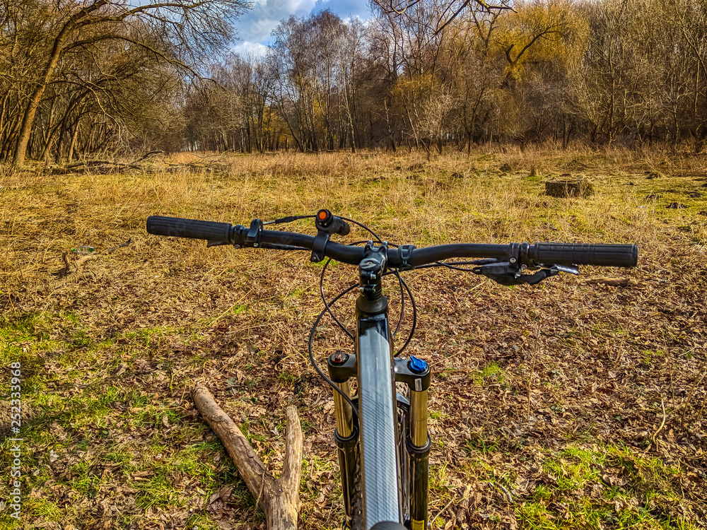 MTB bicycle on the trail in the spring season MTB bicycle on the trail in the spring season