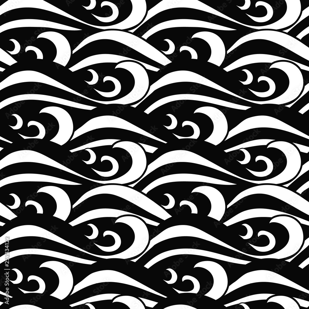 Hypnotic seamless black and white sea waves pattern in traditional Japanese style Hypnotic seamless black and white sea waves pattern in traditional Japanese style