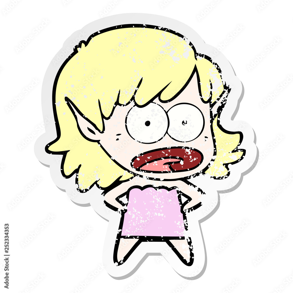 distressed sticker of a cartoon shocked elf girl distressed sticker of a cartoon shocked elf girl
