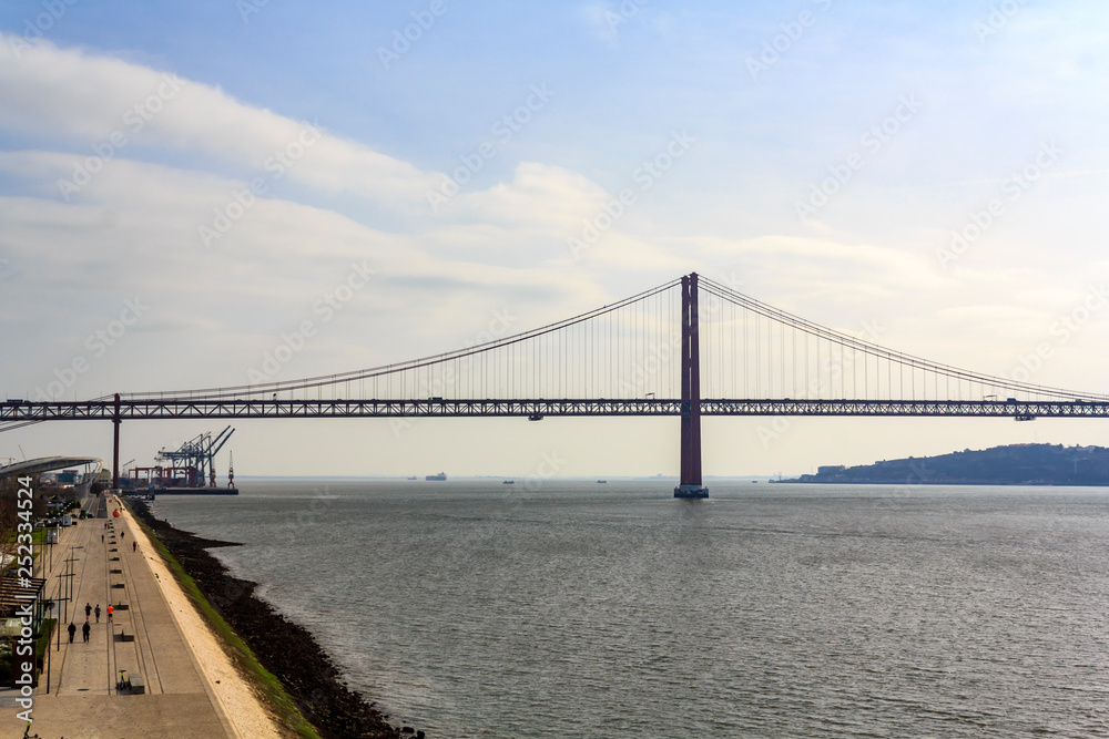 Riverside promenade in the city of Lisbon. Aerial view