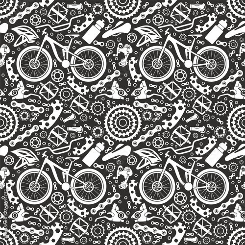 Bicycles. Seamless pattern of bicycle parts. Isolated vector image.