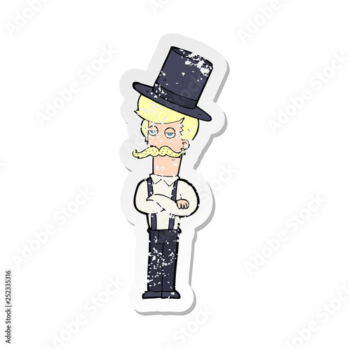 retro distressed sticker of a cartoon man wearing top hat