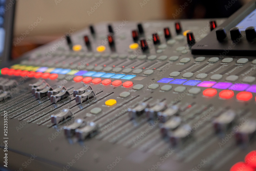 Fototapeta premium Sound recording studio mixing desk. Music mixer control panel