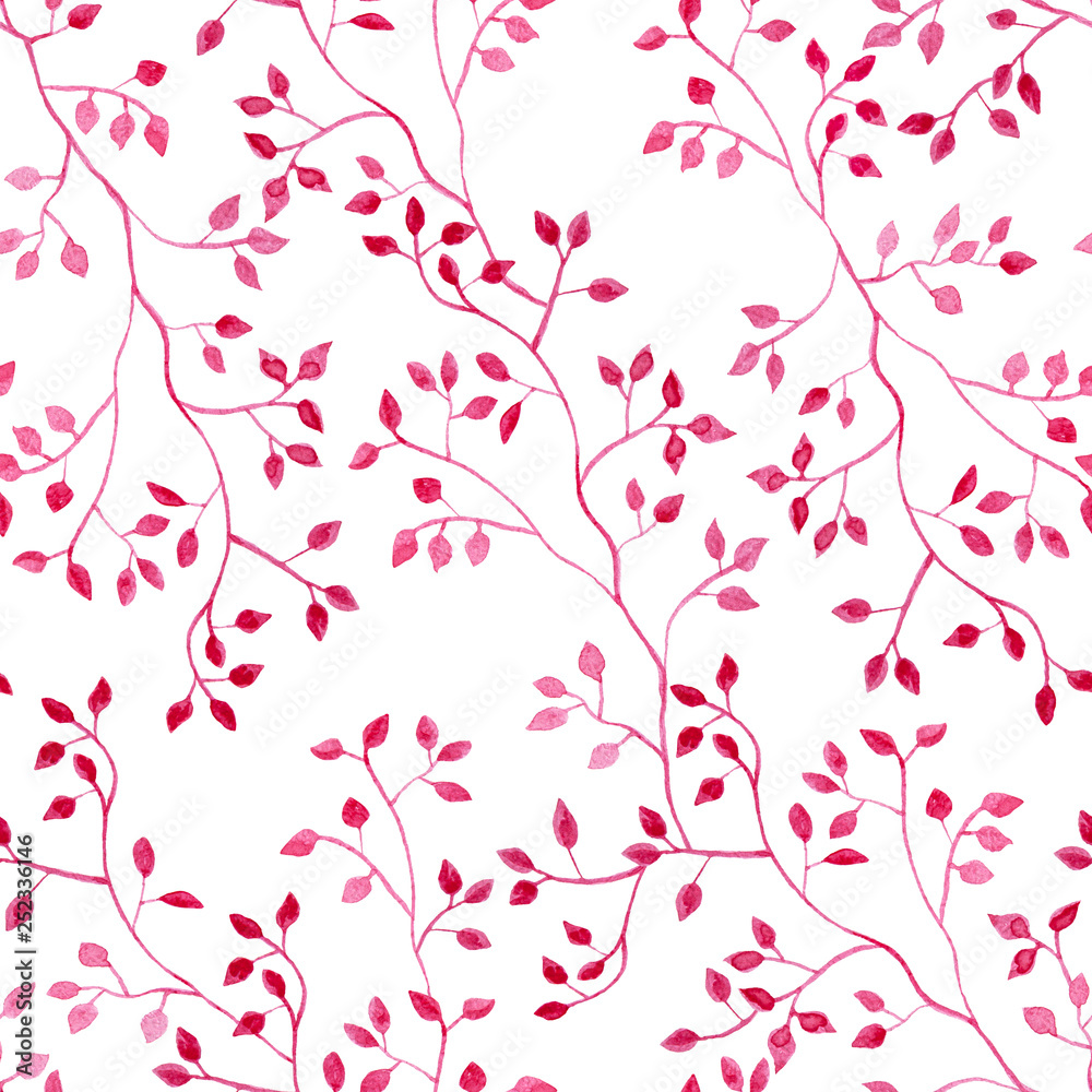 Pink branch plant, watercolor painting - seamless pattern with tree on white background Pink branch plant, watercolor painting - seamless pattern with tree on white background