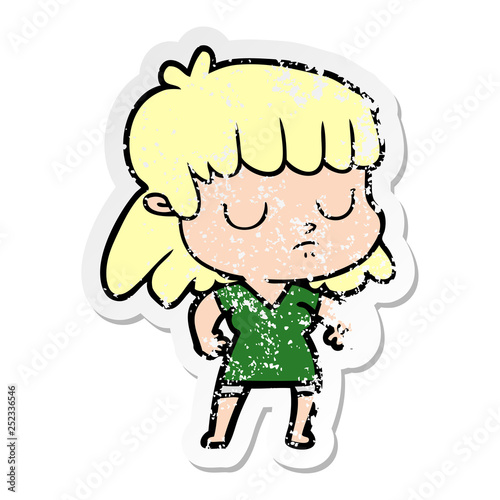 distressed sticker of a cartoon indifferent woman