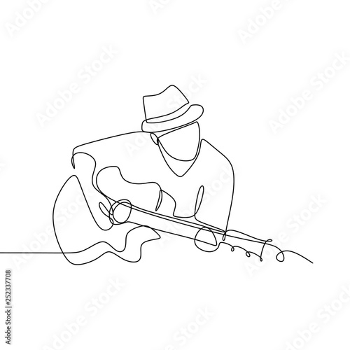 Person sing a song with acoustic jazz guitar continuous one line art drawing vector illustration minimalist design