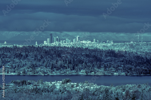 Long exposure of Seattle skyline at sunrise after major snowstorm in 2019