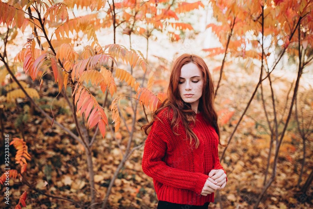 Close up outdoor portrait of caucasian ginger dreaming sensual tender young girl  in autumn park. Beauty, nature, seasons, emotions concept