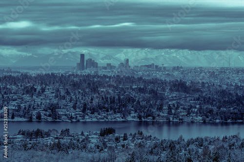 Long exposure of Seattle skyline at sunrise after major snowstorm in 2019