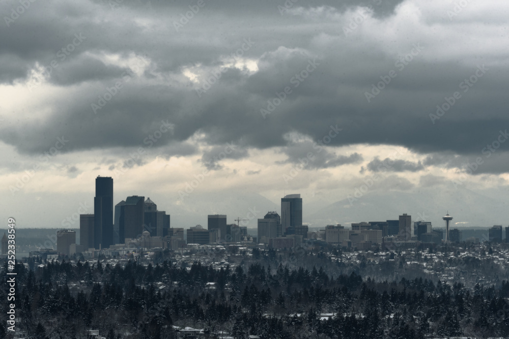 Long exposure of Seattle skyline after snowstorm in 2019