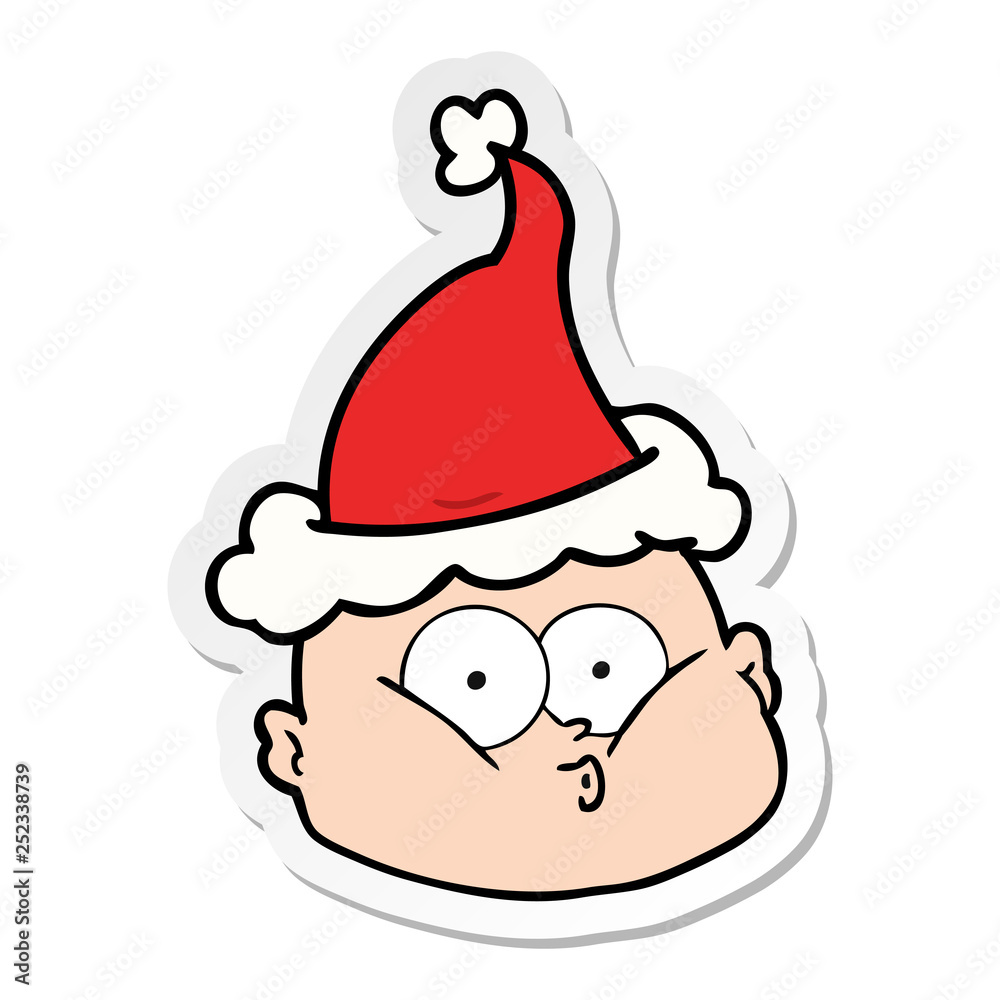 sticker cartoon of a curious bald man wearing santa hat sticker cartoon of a curious bald man wearing santa hat