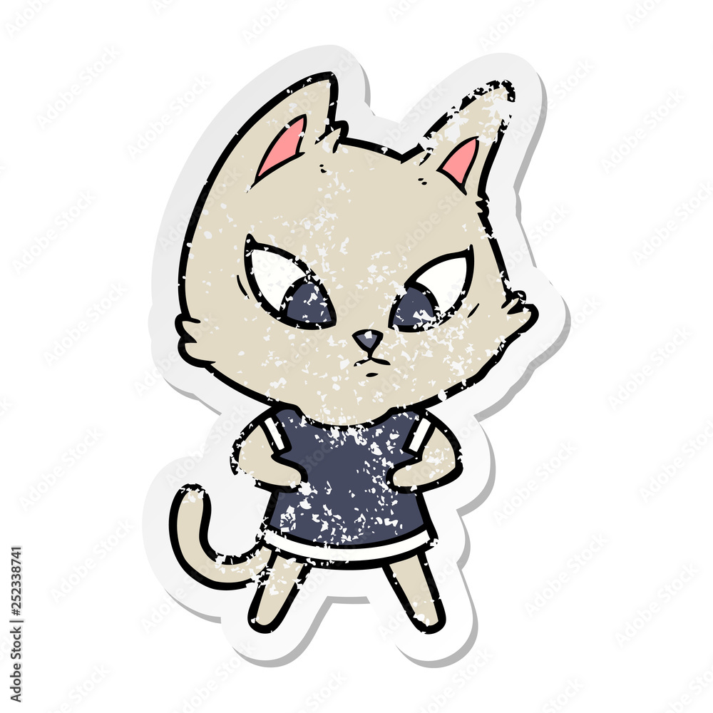 distressed sticker of a confused cartoon cat in clothes distressed sticker of a confused cartoon cat in clothes