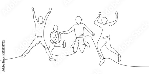 continuous one line drawing of four jumping happy team members celebration vector illustration photo