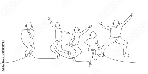 continuous one line drawing of four jumping happy team members celebration vector illustration