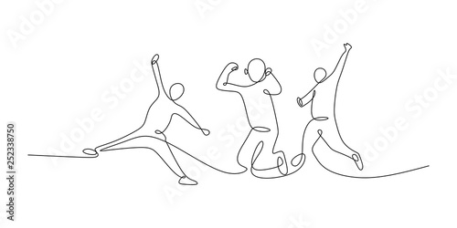 continuous one line drawing of four jumping happy team members celebration vector illustration